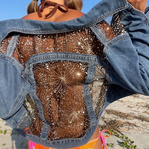 Denim and Sunshine Jackets & Blazers - Denim and Sunshine Boho cropped sheer glitter denim Jacket, L